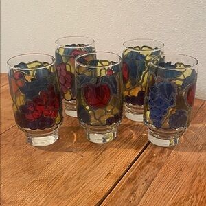Vintage 1970s Libbey Stained Glass Fruit Tumblers Set of 5 | Apples & Grapes | 1